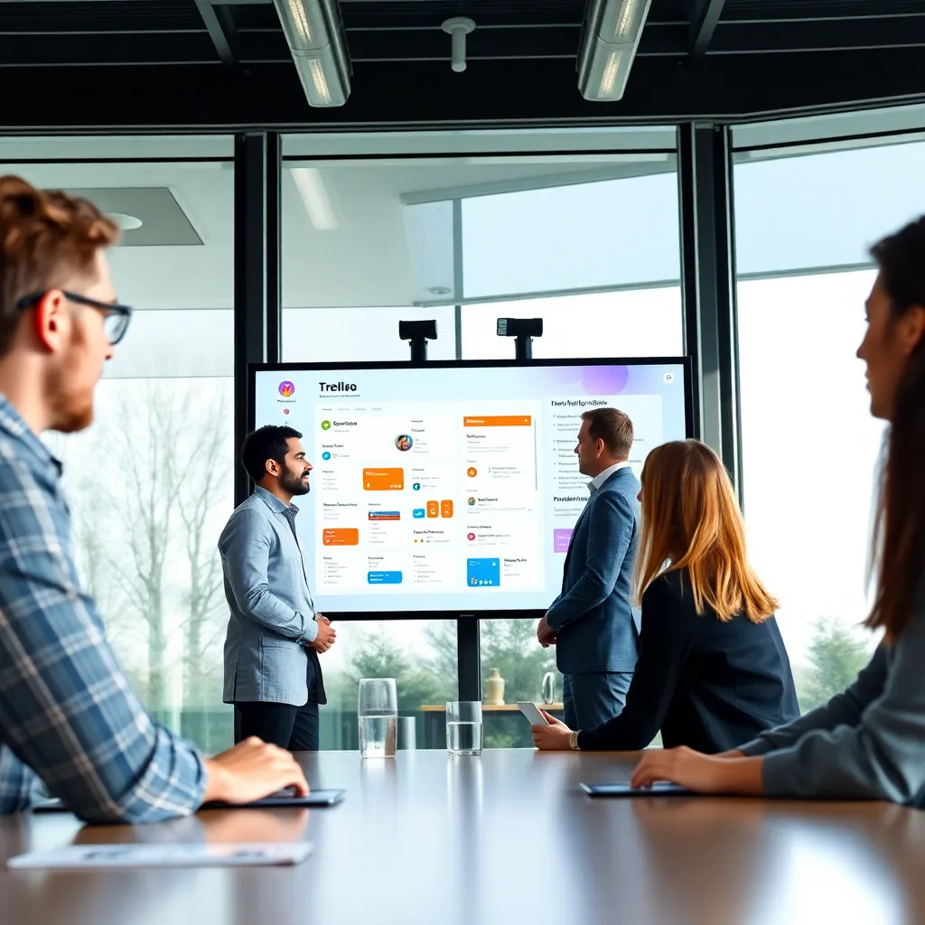 Professionals in een vergaderruimte bespreken projectmanagement tools op een groot scherm