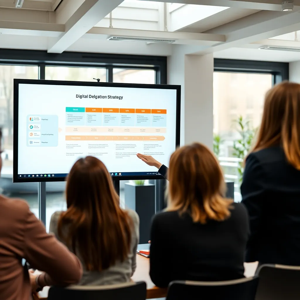 Manager die een digitale delegatiestrategie presenteert aan een Nederlands team