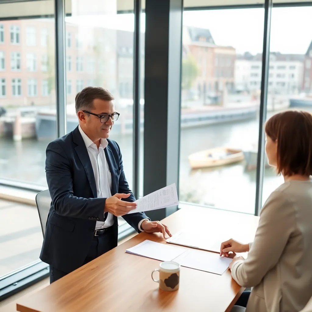 Manager delegeert taken aan teamleden in modern Nederlands kantoor