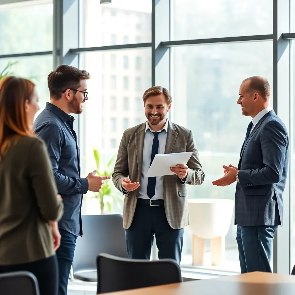 Manager delegeert taken aan teamleden in modern Nederlands kantoor