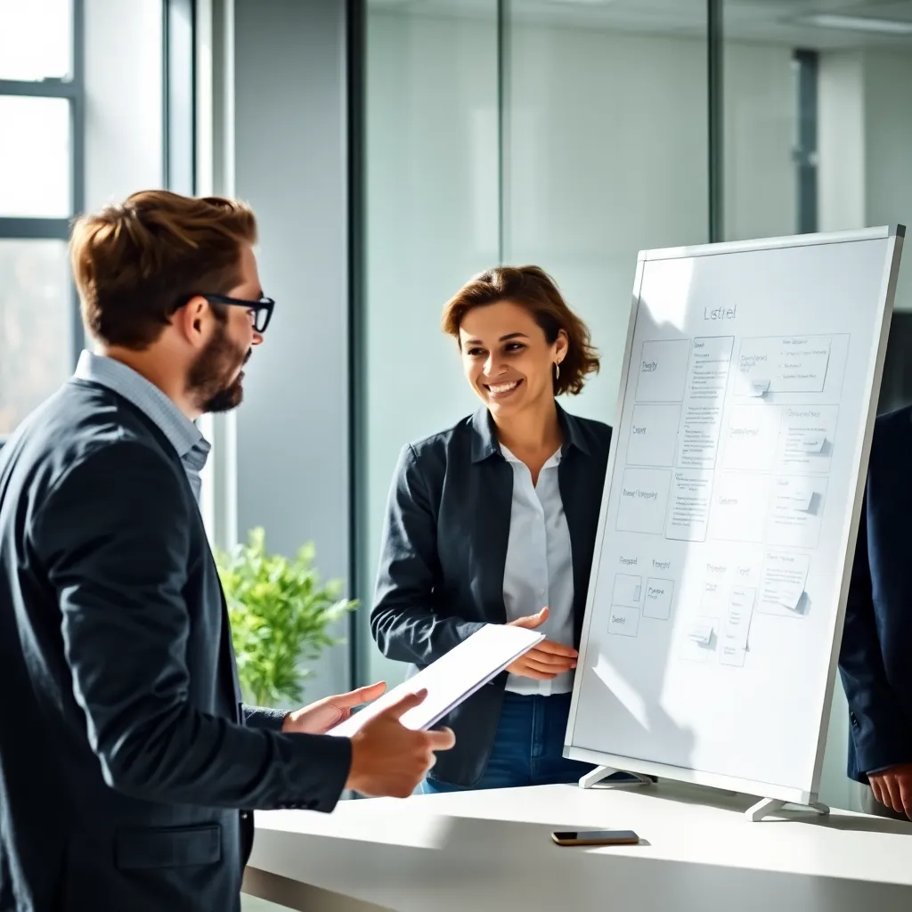 Nederlandse manager geeft directe feedback aan teamlid in open kantoorruimte